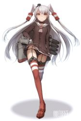 Rule 34 | 10s, 1girl, amatsukaze (kancolle), black panties, brown eyes, character name, dress, frown, garter straps, hand on own hip, kantai collection, long hair, panties, personification, sailor dress, school uniform, serafuku, short dress, side-tie panties, solo, striped clothes, striped thighhighs, strut, thigh gap, thighhighs, tomari (veryberry00), twintails, two side up, underwear, walking, white hair, wind, wind lift