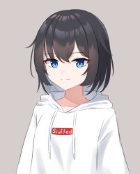 Rule 34 | 1girl, black hair, blue eyes, brand name imitation, closed mouth, collarbone, commentary, drawstring, grey background, hood, hoodie, looking at viewer, original, pmasterm, portrait, simple background, smile, solo, supreme (brand), white hoodie