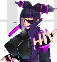 Rule 34 | 1girl, alternate breast size, bandaged arm, bandages, black gloves, black hair, blunt bangs, blush, breath, covered erect nipples, eyepatch, fang, fighting stance, fingerless gloves, fingernails, gloves, hair horns, han juri, heavy breathing, impossible clothes, light purple hair, lower teeth only, multicolored hair, nail polish, ohasi, open mouth, purple hair, purple nails, red eyes, short hair, skin fang, solo, street fighter, sweat, teeth, two-tone hair, upper body