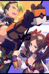 Rule 34 | 1boy, 1girl, achilles (fate), bikini, bikini top only, black gloves, black tank top, blue eyes, blue shorts, breasts, brown gloves, brown hair, capsule, collarbone, cube, echo (circa), elbow gloves, fate/apocrypha, fate/grand order, fate (series), fingerless gloves, forehead, fou (fate), gloves, goggles, goggles on head, green hair, green shorts, hair ribbon, jewelry, leonardo da vinci (fate), leonardo da vinci (fate/grand order), leonardo da vinci (rider) (fate), leonardo da vinci (swimsuit ruler) (fate), long hair, necklace, one eye closed, open mouth, orange eyes, parted bangs, puffy short sleeves, puffy sleeves, red bikini, red ribbon, ribbon, short hair, short shorts, short sleeves, shorts, shrug (clothing), sidelocks, small breasts, smile, swimsuit, tank top, tarasque (fate), twintails