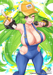Rule 34 | 1girl, ;d, absurdres, bare shoulders, baseball cap, breasts, character request, commentary request, eyeshadow, feet out of frame, fingerless gloves, gloves, green hair, hair between eyes, hat, highres, large breasts, long hair, looking at viewer, makeup, naked overalls, nez-box, one eye closed, open mouth, overalls, purple eyes, smile, solo, thighs, very long hair, virtual youtuber, yellow gloves, yellow hat