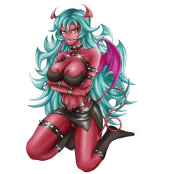 Rule 34 | 10s, breasts, cleavage, colored skin, demon girl, fang, horns, panties, panty &amp; stocking with garterbelt, red skin, scanty (psg), single horn, smile, tail, underwear, wings