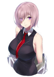 Rule 34 | 1girl, bare shoulders, black shirt, breasts, collared shirt, commentary request, eyes visible through hair, fate/grand order, fate (series), grin, hair over one eye, highres, hotate-chan, jacket, unworn jacket, large breasts, looking at viewer, mash kyrielight, necktie, pink hair, purple eyes, red necktie, shirt, short hair, simple background, sleeveless, sleeveless shirt, smile, solo, white background