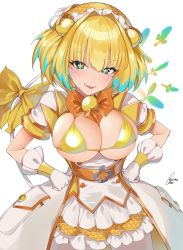 Rule 34 | + +, 1girl, belt, bikini, bikini top only, blonde hair, blue eyes, blush, bombergirl, bow, breasts, breasts out, cleavage, dress, fangs, frills, gloves, grenade hair ornament, hairband, hands on own hips, large breasts, looking at viewer, orange bow, pine (bombergirl), short hair, simple background, smile, solo, swimsuit, white background, white dress, white gloves, yaman, yellow bikini, yellow pupils