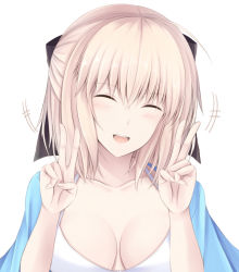 Rule 34 | +++, 1girl, :d, ^ ^, ahoge, bikini, black bow, blush, bow, breasts, closed eyes, collarbone, commentary request, double v, facing viewer, fate/grand order, fate (series), hair between eyes, hair bow, hands up, head tilt, kanpyou (hghgkenfany), koha-ace, medium breasts, okita souji (fate), okita souji (koha-ace), open mouth, round teeth, simple background, smile, solo, swimsuit, teeth, upper teeth only, v, white background, white bikini
