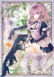 Rule 34 | 1girl, apron, argyle, bad id, bad pixiv id, beads, black footwear, black gloves, black thighhighs, breasts, checkered floor, cleavage, covered erect nipples, elbow gloves, elf, floor, floral background, flower, full body, garter belt, garter straps, gem, gloves, heart, heterochromia, high heels, high ponytail, invisible chair, lace, lace-trimmed legwear, lace trim, legs, lily (flower), long hair, maid, maid headdress, medium breasts, neck ribbon, nozomi fuuten, original, outside border, outstretched arm, pillar, pointy ears, puffy short sleeves, puffy sleeves, purple eyes, red eyes, ribbon, see-through, shoes, short sleeves, sidelocks, sitting, smile, solo, tail, thighhighs