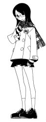 Rule 34 | 00s, 1girl, black hair, buttons, coat, fujiyoshi harumi, full body, glasses, greyscale, highres, kumeta kouji, loafers, miniskirt, monochrome, official art, pleated skirt, sayonara zetsubou sensei, scarf, shoes, short hair, simple background, skirt, socks, solo