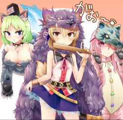 Rule 34 | 3girls, absurdres, animal ear fluff, animal ears, azuki (azuki shot), bare shoulders, belt, black belt, black collar, black headwear, blonde hair, blouse, blush, bracelet, breasts, brown eyes, circle, cleavage, collar, commentary request, cowboy shot, elbow gloves, fake animal ears, fur gloves, ghost tail, gloves, green hair, hair between eyes, hand up, hat, hata no kokoro, highres, holding, jewelry, large breasts, looking at viewer, miniskirt, multiple girls, ofuda, orange background, parted lips, pelt, pink eyes, pink hair, pink shirt, pointy hair, purple eyes, purple skirt, rod of remorse, shirt, short hair, skirt, skirt hold, sleeveless, sleeveless shirt, smile, soga no tojiko, spiked collar, spikes, standing, star (symbol), tail, tate eboshi, touhou, toyosatomimi no miko, translation request, triangle, two-tone background, white background, wolf ears, wolf mask, wolf tail