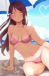 Rule 34 | 1girl, artist request, bare shoulders, bikini, blue sky, blush, bodypaint, breasts, closed mouth, collarbone, false clothes, highres, legs, long hair, looking at viewer, love live!, love live! sunshine!!, medium breasts, naked paint, navel, nipples, nude, outdoors, paint on body, painted clothes, pink bikini, purple hair, sakurauchi riko, sand, sky, smile, solo, sweat, swimsuit, tagme, yellow eyes