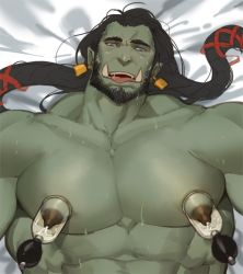 Rule 34 | 1boy, abs, bara, beard, black hair, blue eyes, character request, check copyright, colored skin, completely nude, copyright request, dark nipples, facial hair, fangs, gomtang, green skin, lactation, large pectorals, long hair, looking at viewer, lying, male focus, male lactation, mature male, milking machine, monster boy, muscular, muscular male, nipples, nude, on back, on bed, orc, original, pectorals, solo, sweat, tongue, tongue out, upper body