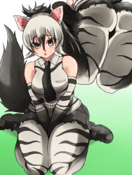 Rule 34 | 1girl, aardwolf (kemono friends), aardwolf print, animal ears, animal print, ass, ass press, bare shoulders, between legs, black hair, black necktie, black shorts, blush, breast pocket, breasts, collared shirt, commentary request, cutoffs, elbow gloves, from below, furrowed brow, gloves, grey eyes, grey hair, hand between legs, highleg, highres, isna (footprintsofisna), kemono friends, large breasts, long bangs, long hair, looking at viewer, multicolored hair, multiple views, necktie, pantyhose, pantyhose under shorts, parted lips, pocket, print gloves, print legwear, print pantyhose, print shirt, shirt, shoes, short shorts, shorts, sitting, sleeveless, sleeveless shirt, sweat, tail, thighs, two-tone hair, v arms, wariza, wing collar