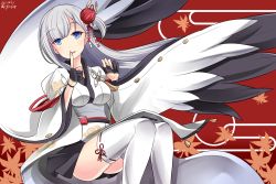 Rule 34 | 1girl, azur lane, black gloves, blue eyes, commentary request, finger to mouth, fingerless gloves, gloves, hair ornament, hebitsukai-san, highres, index finger raised, japanese clothes, long hair, looking at viewer, mole, mole under eye, obi, parted lips, pleated skirt, sash, shoukaku (azur lane), silver hair, skirt, smile, solo, thighhighs, white thighhighs, wide sleeves, zettai ryouiki