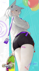 1girl animal_ears arknights balloon bandaid bandaid_on_leg bare_legs belt black_shorts closed_mouth commentary_request cowboy_shot from_behind green_eyes highres holding holding_skateboard id_card kal&#039;tsit_(arknights) lanyard legs looking_at_viewer omone_hokoma_agm purple_belt shirt short_hair shorts signature skateboard solo standing white_hair white_shirt