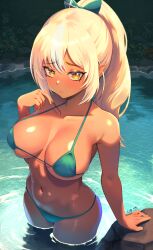 Rule 34 | 1girl, absurdres, artist request, bikini, blonde hair, breasts, dark-skinned female, dark skin, elf, highres, hololive, large breasts, lib 100, long hair, looking at viewer, navel, orange eyes, outdoors, pointy ears, ponytail, ribbon, self-upload, shiranui flare, solo, stomach, swimsuit, virtual youtuber