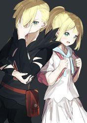Rule 34 | 1boy, 1girl, absurdres, backpack, bag, black pants, black shirt, blonde hair, braid, brother and sister, closed mouth, creatures (company), drawstring, game freak, gladion (pokemon), green eyes, grey background, hair over one eye, hand up, highres, holding strap, huge filesize, lillie (pokemon), long hair, long sleeves, looking at viewer, misaki nonaka, nintendo, open mouth, pants, pleated skirt, pokemon, pokemon sm, ponytail, puffy short sleeves, puffy sleeves, shirt, short sleeves, siblings, simple background, skirt, teeth, upper teeth only, white shirt, white skirt
