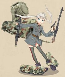 Rule 34 | 1girl, :o, bad id, bad pixiv id, beige background, blonde hair, blue hair, blush, full body, gun, handgun, long sleeves, looking at viewer, machine gun, machinery, milihime taisen, military, military uniform, open mouth, pistol, rifle, searchlight, simple background, solo, soshina nohito, thighhighs, trigger discipline, twintails, uniform, walther, weapon, wenck (milihime taisen)