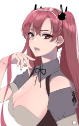 Rule 34 | 1girl, black ribbon, breasts, cleavage, earrings, from side, gou d, hair bobbles, hair lift, hair ornament, hand up, highres, jewelry, large breasts, long hair, looking at viewer, looking to the side, neck ribbon, open mouth, original, red eyes, ribbon, simple background, skirt, solo, stud earrings, suspender skirt, suspenders, twintails, upper body, white background