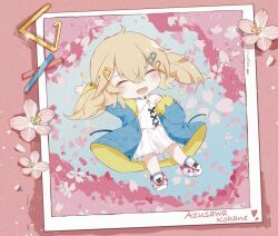 Rule 34 | 1girl, :d, azusawa kohane, blue jacket, blush, brown hair, character name, cherry blossoms, chibi, choker, closed eyes, collared dress, dress, facing viewer, falling petals, flyer (vocaloid), hair between eyes, hand on own chest, hand up, jacket, legend still vivid (project sekai), long sleeves, low twintails, off shoulder, official alternate costume, open clothes, open jacket, open mouth, petals, pink theme, pleated dress, polaroid, project sekai, shoes, short hair, short twintails, sidelocks, smile, sneakers, solo, spring (season), sunfish3939, twintails, two-sided fabric, two-sided jacket, white choker, white dress, white footwear, yellow jacket