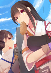 Rule 34 | 10s, 2girls, akagi (kancolle), blush, bow (weapon), bread, brown eyes, brown hair, cloud, day, food, gloves, hinagi (fox priest), japanese clothes, kaga (kancolle), kantai collection, long hair, looking at viewer, mouth hold, multiple girls, muneate, partially fingerless gloves, partly fingerless gloves, short hair, side ponytail, sky, weapon, yugake