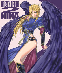 Rule 34 | 1girl, angel wings, black wings, blonde hair, boots, breasts, breath of fire, breath of fire ii, capcom, character name, dress, green eyes, knee boots, legs, long hair, long legs, mt1, nina (breath of fire ii), no bra, no panties, side slit, solo, taut clothes, thighs, wings