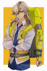 Rule 34 | 1boy, arven (pokemon), backpack, bag, belt, blue necktie, blue pants, border, brown hair, closed mouth, collared shirt, commentary request, creatures (company), crossed arms, game freak, green eyes, hair over one eye, highres, long hair, long sleeves, looking at viewer, male focus, necktie, nintendo, pants, pokemon, pokemon sv, roji (rozio), shirt, solo, white border, yellow bag