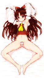 Rule 34 | 1girl, absurdres, armpits, arms up, ascot, barefoot, bottomless, bow, brown eyes, brown hair, detached sleeves, gradient background, hair bow, hair tubes, hakurei reimu, highres, itou yuuji, knees apart feet together, long hair, long sleeves, lying, navel, nipples, on back, shirt, solo, spell card, spread legs, touhou, very long hair, wide sleeves