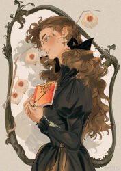 Rule 34 | 1girl, black dress, blue eyes, book, branch, brown hair, chinese commentary, curly hair, daxing jia quan, dress, drop earrings, ear piercing, earrings, highres, holding, holding book, jewelry, juliet sleeves, long hair, long sleeves, original, parted lips, piercing, puffy sleeves, solo, weibo logo, weibo watermark