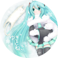 Rule 34 | 1girl, aqua eyes, aqua hair, cat, earmuffs, from above, gloves, green eyes, hatsune miku, long hair, lying, minyo, mittens, necktie, on back, scarf, skirt, smile, snow, snowflakes, solo, stretching, thighhighs, twintails, usakuma, very long hair, vocaloid, white scarf, zettai ryouiki