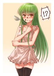 Rule 34 | !?, 1girl, apron, bad id, bad pixiv id, blush, breasts, brown eyes, c.c., code geass, food, food on face, green hair, isshi pyuma, ladle, long hair, naked apron, small breasts, solo, thighhighs, very long hair, yellow eyes