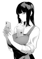Rule 34 | 1girl, absurdres, apron, barista, blunt bangs, breasts, bubble tea challenge, cellphone, collared shirt, commentary, cup, disposable cup, drinking straw, english commentary, frappuccino, greyscale, highres, hime cut, holding, holding phone, large breasts, long hair, looking at viewer, lynus, monochrome, naoko-san, object on breast, original, phone, shirt, simple background, sleeves rolled up, smartphone, solo, upper body, white background