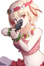 Rule 34 | 1girl, aiming, aiming at viewer, breasts, closed mouth, crop top, finger on trigger, flower, flower necklace, flower wreath, frills, glint, gun, hair ribbon, handgun, highres, holding, holding gun, holding weapon, hyoe (hachiechi), jewelry, lei, lycoris recoil, medium breasts, navel, necklace, nishikigi chisato, one side up, red eyes, red ribbon, ribbon, short hair, simple background, solo, stomach, upper body, v-shaped eyebrows, weapon, white background