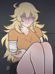 Rule 34 | 1girl, amputee, bandages, blonde hair, breasts, crying, dark background, defeat, highres, large breasts, long hair, purple eyes, rwby, sad, shirt, shorts, simple background, sitting, solo, spoilers, t-shirt, tabletorgy, tears, yang xiao long