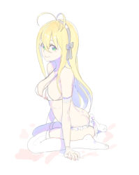 Rule 34 | 1girl, antenna hair, arm support, armband, bikini, blonde hair, blush, breasts, cleavage, enkyo yuuichirou, female focus, from side, full body, green eyes, hairband, large breasts, long hair, looking at viewer, pale color, sitting, sketch, smile, solo, swimsuit, thighhighs, tsurumaki maki, vocaloid, voiceroid, wariza, white background, white thighhighs