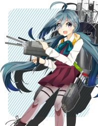 Rule 34 | &gt;:d, 10s, 1girl, :d, absurdres, ahoge, asymmetrical bangs, boots, bow, bowtie, collared shirt, diagonal stripes, eyes visible through hair, grey hair, grey pantyhose, highres, kantai collection, kiyoshimo (kancolle), long hair, long sleeves, looking at viewer, low twintails, machinery, miniskirt, multicolored hair, open mouth, pantyhose, pleated skirt, purple eyes, purple skirt, rinno ugomemo, school uniform, shirt, skirt, smile, solo, striped, thigh strap, twintails, two-tone hair, v-shaped eyebrows, very long hair, white shirt