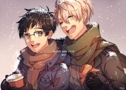 Rule 34 | 10s, 2017, 2boys, black hair, brown eyes, brown scarf, coffee cup, cup, disposable cup, closed eyes, food, glasses, gloves, green scarf, grey hair, happy new year, jacket, katsuki yuuri, laughing, male focus, mittens, multiple boys, new year, open clothes, open jacket, open mouth, pan (pandora requiem), scarf, semi-rimless eyewear, smile, snow, sparkling eyes, viktor nikiforov, yuri!!! on ice