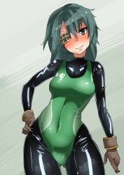 Rule 34 | ayuayu (shouyu no sato), catsuit, eyepatch, gloves, green eyes, grey hair, hand on own hip, kantai collection, kiso (kancolle), latex, latex suit, rubber, skin tight, smile, swimsuit, swimsuit over bodysuit, tagme