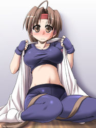 Rule 34 | 1girl, bike shorts, blush, braid, breasts, brown eyes, brown hair, cleavage, closed mouth, commentary request, fingerless gloves, gloves, headband, large breasts, long hair, looking at viewer, navel, ryuuko no ken, single braid, snk, socks, solo, stomach, the king of fighters, tonpuu, undressing, yuri sakazaki
