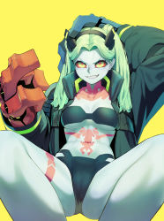 Rule 34 | 1girl, absurdres, arm above head, artificial eye, black bra, black jacket, black panties, bra, breasts, cameltoe, collarbone, colored sclera, colored skin, commentary request, covered clitoris, cyberpunk (series), cyberpunk edgerunners, cyborg, feet out of frame, fewer digits, green hair, grin, hand on own head, highres, jacket, jdw, leg tattoo, long hair, looking at viewer, mechanical eye, mechanical hands, medium breasts, neck tattoo, open clothes, open jacket, oversized forearms, oversized limbs, panties, petite, rebecca (cyberpunk), red pupils, red sclera, samurai jacket (cyberpunk), smile, solo, stomach tattoo, strapless, strapless bra, tattoo, twintails, underwear, white skin, yellow eyes