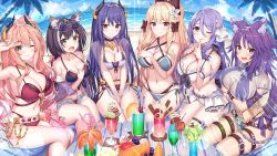 6+girls, akusema, animal ear fluff, animal ears, arm up, bangs, bare shoulders, beach, belt, between legs, bikini, bikini under clothes, black bikini, black ribbon, blonde hair, blush, breasts, brown belt, brown eyes, brown legwear, cat ears, chains, cherry, choker, closed mouth, collarbone, crossed arms, cup, day, deep skin, drinking straw, eyebrows visible through hair, eyewear on head, fang, flower, food, foreshortening, fruit, glint, grapes, green eyes, hair between eyes, hair flower, hair ornament, hair ribbon, hand between legs, hand up, heart, highres, horizon, horns, ice cream, index finger raised, jewelry, karyl (princess connect!), large breasts, long hair, looking at viewer, low twintails, makoto (princess connect!), melting, multicolored hair, multiple girls, navel, o-ring, o-ring bikini, ocean, official alternate costume, one eye closed, open mouth, outdoors, palm tree, pink hair, pink ribbon, princess connect!, princess connect! re:dive, purple bikini, purple hair, raised eyebrows, red bikini, rei (princess connect!), ribbon, saren (princess connect!), see-through, shiny, shiny hair, shizuru (princess connect!), short shorts, shorts, sitting, skin fang, skindentation, sparkle, star (symbol), streaked hair, sunglasses, suzuna (princess connect!), swimsuit, tail raised, thigh gap, thigh strap, thighs, tree, twintails, v arms, water, white bikini, white flower, white ribbon, white shorts