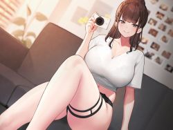 Rule 34 | 1girl, black eyes, black panties, blurry, blurry background, blush, bra, breasts, brown hair, camera, cleavage, closed mouth, collarbone, crop top, depth of field, dutch angle, hayabusa (vert 320), highres, huge breasts, indoors, large breasts, long hair, looking at viewer, midriff, nail polish, navel, non-web source, original, panties, ponytail, red nails, see-through, shirt, short sleeves, sidelocks, sitting, skindentation, smile, solo, thigh strap, thighs, underwear, v-neck, white shirt