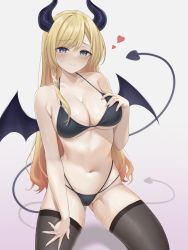Rule 34 | 1girl, absurdres, bikini, black bikini, black horns, black thighhighs, blonde hair, blue eyes, blush, breasts, closed mouth, commentary, demon girl, demon horns, demon tail, demon wings, gluteal fold, halterneck, heart, highres, hololive, horns, kneeling, large breasts, long hair, navel, nekorone0222, raised eyebrows, revision, skindentation, smile, solo, stomach, string bikini, sweat, swimsuit, tail, thighhighs, thighs, very long hair, virtual youtuber, wet, wings, yuzuki choco