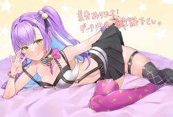 Rule 34 | 1girl, arm support, asymmetrical legwear, bell, blush, bow, bracelet, breasts, choker, cleavage, hair ornament, hinomori anzu, indie virtual youtuber, jewelry, jingle bell, looking at viewer, lying, midriff, miniskirt, mismatched legwear, on side, pleated skirt, purple hair, shoulder strap, side ponytail, sidelocks, skirt, skirt hold, smile, solo, taku pi, thighhighs, thighs, virtual youtuber, yellow eyes