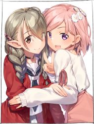 Rule 34 | 2girls, :d, ahoge, bad id, bad pixiv id, black neckerchief, blush, braid, brown eyes, brown hair, closed mouth, commentary request, crossover, fang, flower, grey skirt, hair between eyes, hair flower, hair ornament, highres, indie virtual youtuber, jacket, kei (soundcross), long hair, long sleeves, looking at viewer, low twintails, multiple girls, neckerchief, open clothes, open jacket, open mouth, original, pink hair, pink ribbon, pink skirt, pleated skirt, pointy ears, purple eyes, red jacket, ribbon, sailor collar, school uniform, serafuku, shirt, skirt, sleeves past wrists, smile, teeth, twin braids, twintails, upper teeth only, v, virtual youtuber, white background, white flower, white sailor collar, white shirt