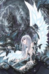 Rule 34 | 1girl, android, angel, angel wings, cable, feathers, grey eyes, grey hair, kurogin, long hair, machine, original, solo, technology, white hair, wings