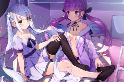 Rule 34 | 1girl, 2girls, alternate costume, black choker, black ribbon, blue eyes, blue hair, blush, braid, breasts, choker, cleavage, collarbone, commentary request, cqingwei, dress, eye contact, hair ornament, hair ribbon, hair scrunchie, heterochromia, highres, hololive, jacket, kagura gumi, kagura mea, knee up, long hair, long sleeves, looking at another, medium breasts, minato aqua, multicolored hair, multiple girls, navel, no bra, no shoes, on bed, open clothes, open jacket, pillow, purple eyes, purple hair, ribbon, scrunchie, short sleeves, silver hair, single bare shoulder, single thighhigh, sitting, smile, thighhighs, thighhighs pull, twintails, two-tone hair, very long hair, virtual youtuber, white dress, white scrunchie, white thighhighs
