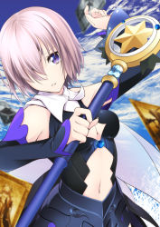 Rule 34 | 1girl, adapted costume, alternate costume, arm up, armor, armored dress, bare shoulders, breasts, cape, card, center opening, cleavage, cleavage cutout, clothing cutout, day, detached sleeves, fate/grand order, fate/kaleid liner prisma illya, fate (series), hair over one eye, holding, holding weapon, kaleidostick, looking at viewer, magical girl, magical sapphire, mash kyrielight, medium breasts, midriff, mimamui, miyu edelfelt, navel, navel cutout, parted lips, purple eyes, purple hair, short hair, sky, solo, upper body, weapon, white cape