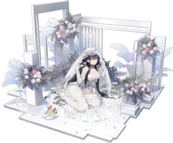 Rule 34 | 1girl, azuma (azur lane), azuma (lily-white longing) (azur lane), azur lane, black hair, bouquet, breasts, bridal veil, bride, cleavage, flower, gloves, hair flower, hair ornament, high heels, highres, kishiyo, large breasts, long hair, looking at viewer, official alternate costume, official art, see-through, sitting, thighhighs, transparent background, veil, wariza, white footwear, white gloves, white thighhighs, yellow eyes