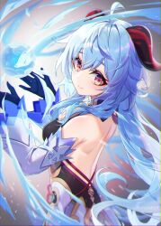 Rule 34 | 1girl, ahoge, back, backless outfit, bare shoulders, bell, blue hair, blush, bow, breasts, detached sleeves, from behind, ganyu (genshin impact), genshin impact, highres, horns, light smile, long hair, looking at viewer, looking back, low ponytail, magic, medium breasts, neck bell, orb, purple eyes, qilin (mythology), sidelocks, solo, uruha (yw1109), white sleeves, wind