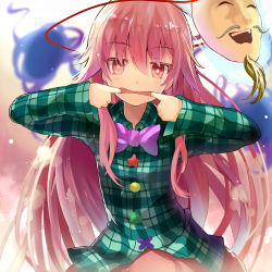 Rule 34 | 1girl, bow, colored eyelashes, efe, expressionless, fox mask, hata no kokoro, long hair, long sleeves, looking at viewer, mask, mouth mask, mouth pull, oni mask, pink eyes, pink hair, plaid, plaid shirt, shirt, sidelocks, skirt, solo, touhou, urban legend in limbo, very long hair, wide sleeves