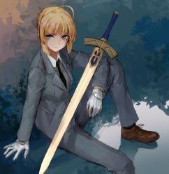 Rule 34 | 1girl, ahoge, artoria pendragon (all), artoria pendragon (fate), black necktie, blonde hair, blouse, business suit, collared shirt, excalibur (fate/stay night), fate/zero, fate (series), formal, gloves, highres, necktie, reflection, saber (fate), shirt, sitting, solo, suit, sword, treeware, weapon, white shirt